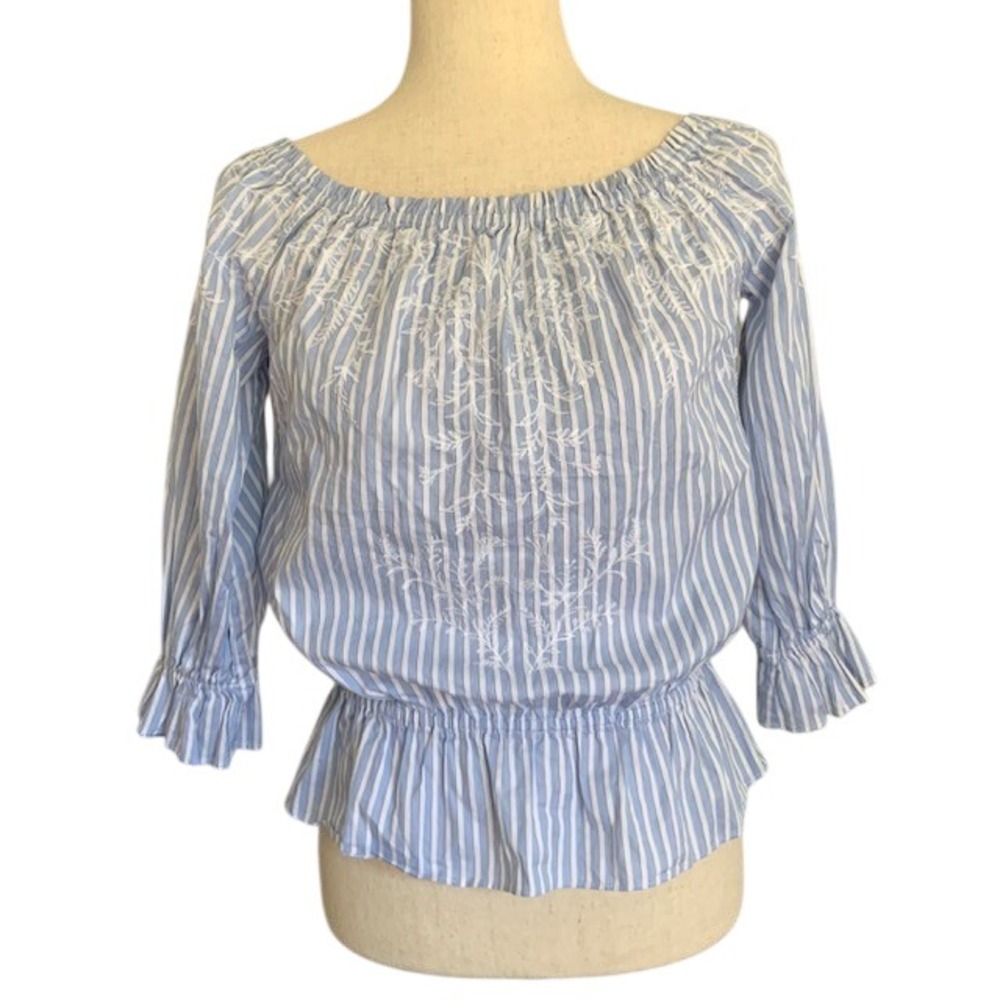 Coastal Stripe Embroidered Top XS Preppy Hamptons Romantic Feminine Beach Blouse